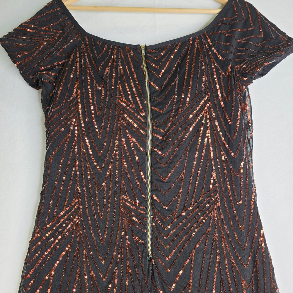 Iris Black Copper Sequin Chevron Bodycon Mini Dress Short Sleeve Medium - Picture 4 of 9